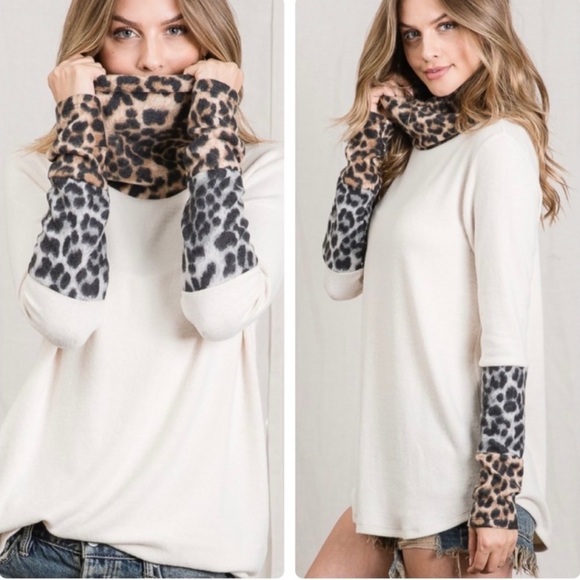First Love Sweaters - New! Soft Leopard Print Trim Cowl Neckline rounded slit Hemline Top